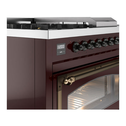 ILVE Nostalgie II Noblesse 48" Burgundy Dual Fuel Range with 5 Burners, Griddle and French Top Triple Glass Door Natural Gas