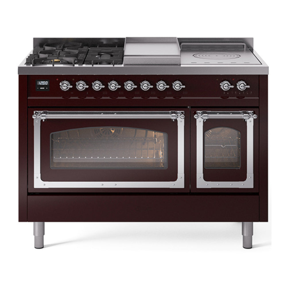 ILVE Nostalgie II Noblesse 48" Burgundy Dual Fuel Range with 5 Burners, Griddle and French Top Triple Glass Door Natural Gas