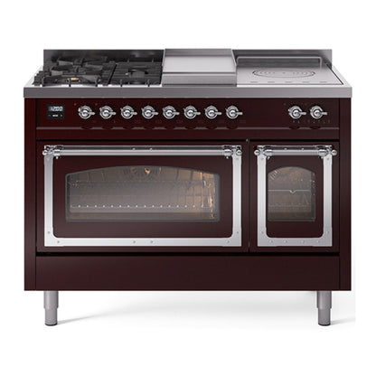 ILVE Nostalgie II Noblesse 48" Burgundy Dual Fuel Range with 5 Burners, Griddle and French Top Triple Glass Door Natural Gas