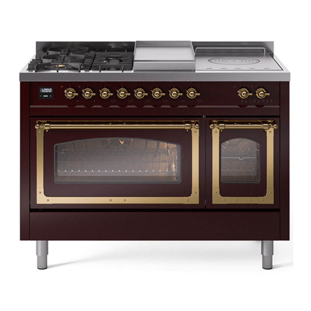 ILVE Nostalgie II Noblesse 48" Burgundy Dual Fuel Range with 5 Burners, Griddle and French Top Triple Glass Door Natural Gas