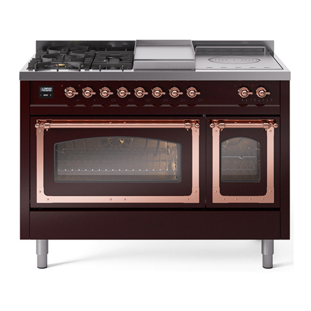 ILVE Nostalgie II Noblesse 48" Burgundy Dual Fuel Range with 5 Burners, Griddle and French Top Triple Glass Door Natural Gas