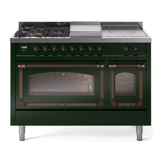 ILVE Nostalgie II Noblesse 48" Emerald Green Dual Fuel Range with 5 Burners, Griddle and French Top Triple Glass Door Natural Gas