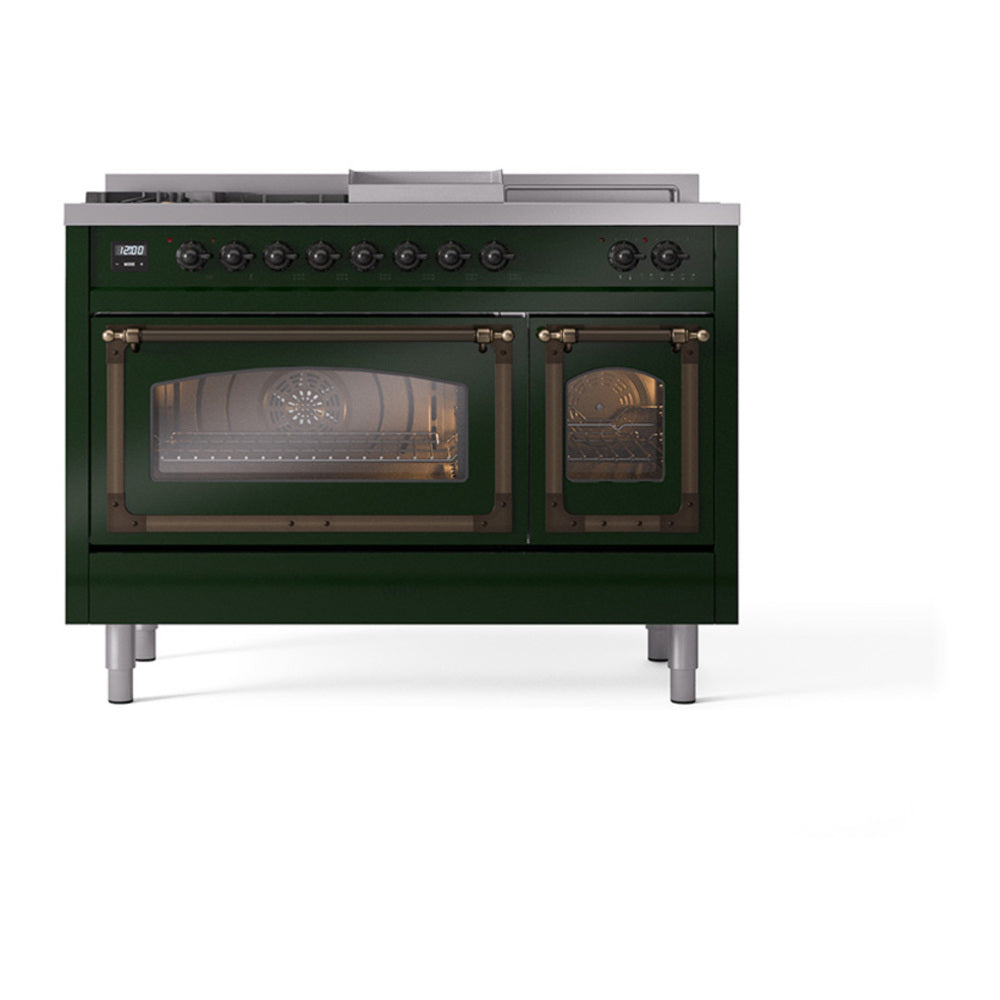 ILVE Nostalgie II Noblesse 48" Emerald Green Dual Fuel Range with 5 Burners, Griddle and French Top Triple Glass Door Natural Gas
