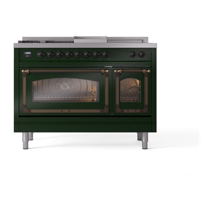 ILVE Nostalgie II Noblesse 48" Emerald Green Dual Fuel Range with 5 Burners, Griddle and French Top Triple Glass Door Natural Gas