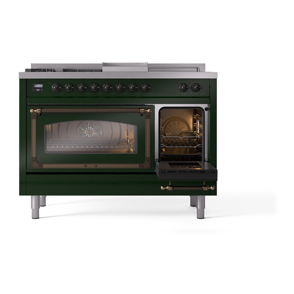 ILVE Nostalgie II Noblesse 48" Emerald Green Dual Fuel Range with 5 Burners, Griddle and French Top Triple Glass Door Natural Gas