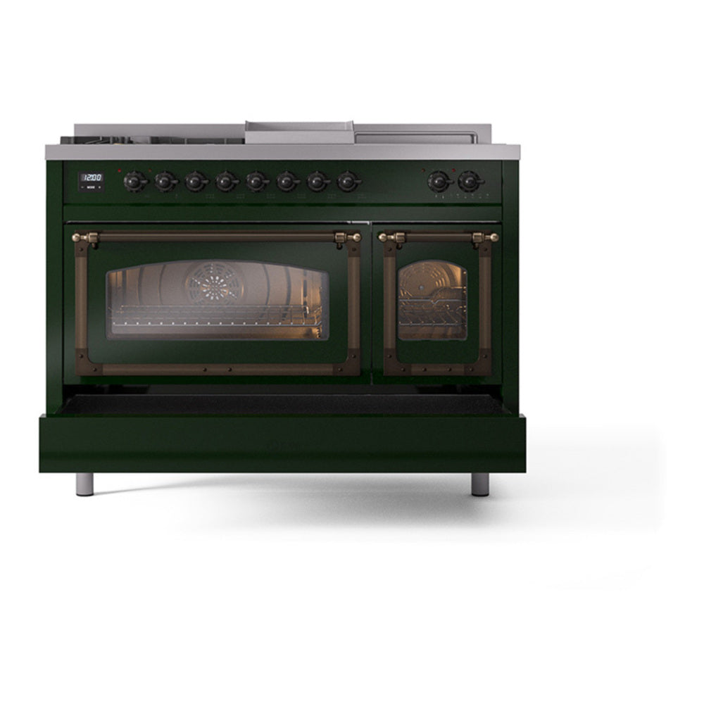ILVE Nostalgie II Noblesse 48" Emerald Green Dual Fuel Range with 5 Burners, Griddle and French Top Triple Glass Door Natural Gas