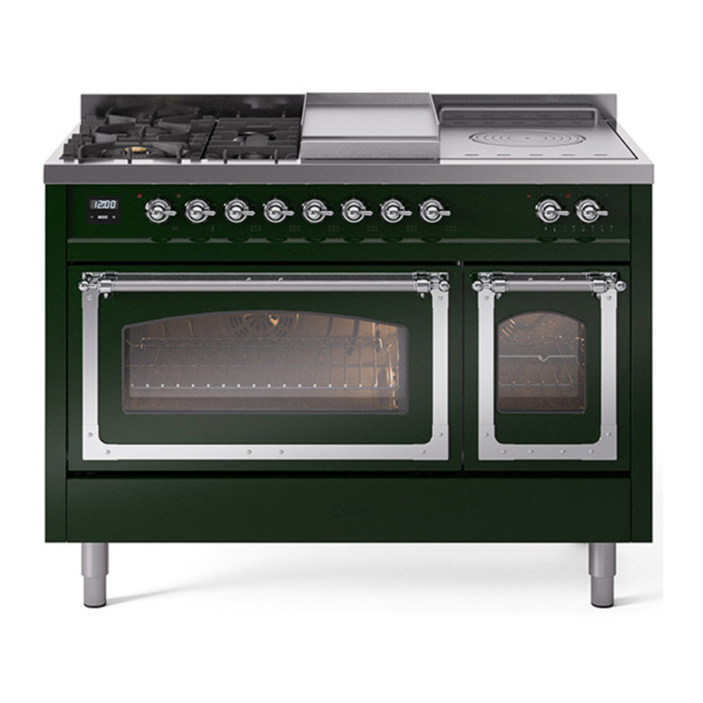 ILVE Nostalgie II Noblesse 48" Emerald Green Dual Fuel Range with 5 Burners, Griddle and French Top Triple Glass Door Natural Gas