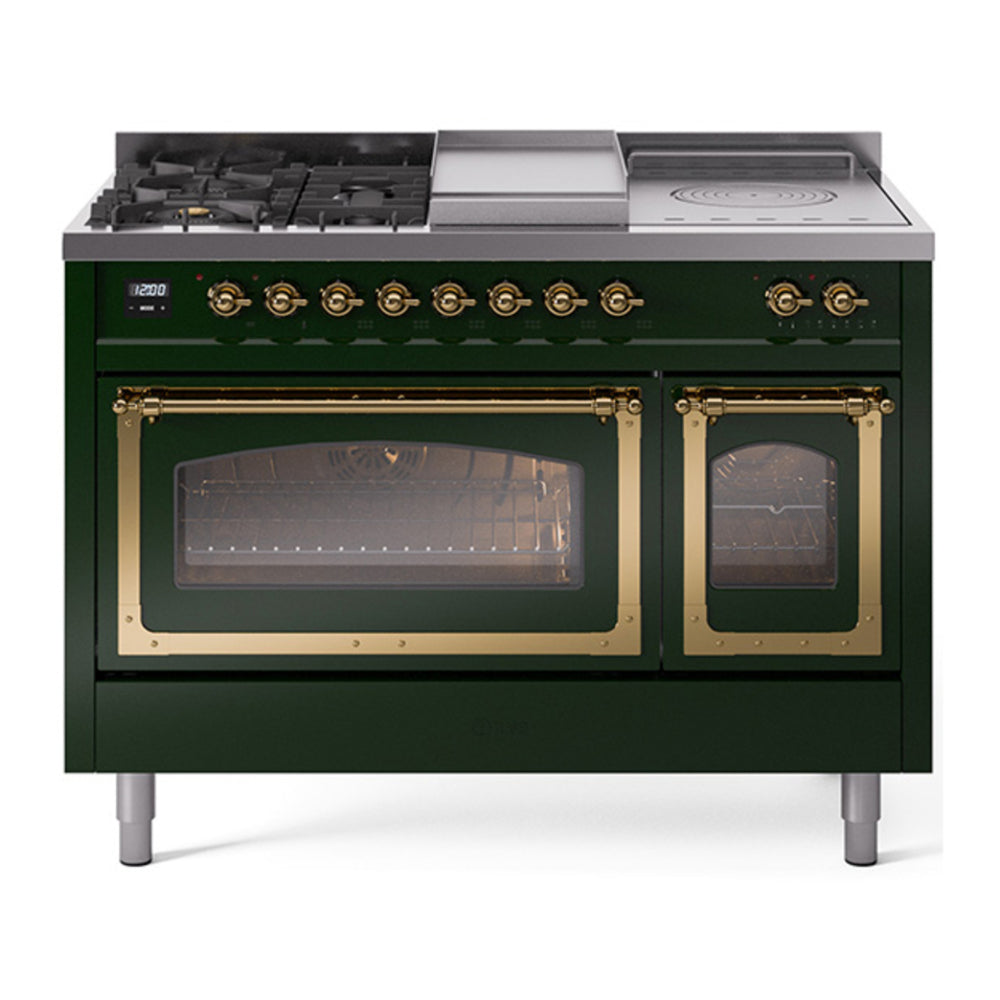 ILVE Nostalgie II Noblesse 48" Emerald Green Dual Fuel Range with 5 Burners, Griddle and French Top Triple Glass Door Natural Gas
