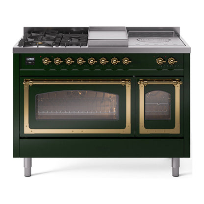 ILVE Nostalgie II Noblesse 48" Emerald Green Dual Fuel Range with 5 Burners, Griddle and French Top Triple Glass Door Natural Gas