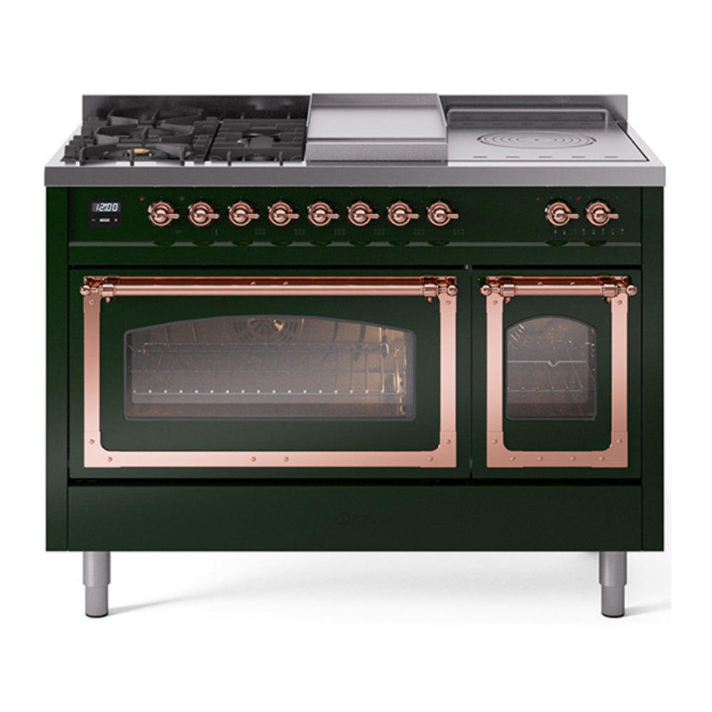 ILVE Nostalgie II Noblesse 48" Emerald Green Dual Fuel Range with 5 Burners, Griddle and French Top Triple Glass Door Natural Gas