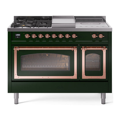 ILVE Nostalgie II Noblesse 48" Emerald Green Dual Fuel Range with 5 Burners, Griddle and French Top Triple Glass Door Natural Gas