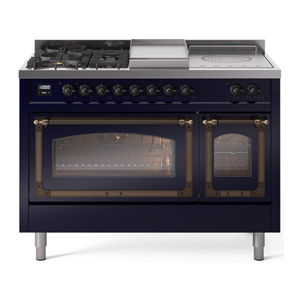 ILVE Nostalgie II Noblesse 48" Midnight Blue Dual Fuel Range with 5 Burners, Griddle and French Top Triple Glass Door Natural Gas