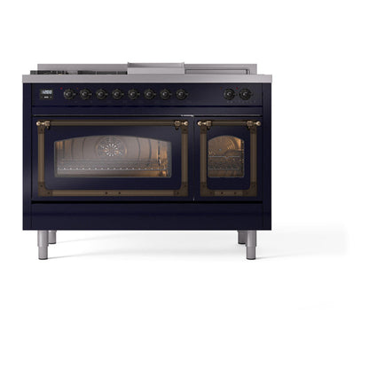 ILVE Nostalgie II Noblesse 48" Midnight Blue Dual Fuel Range with 5 Burners, Griddle and French Top Triple Glass Door Natural Gas