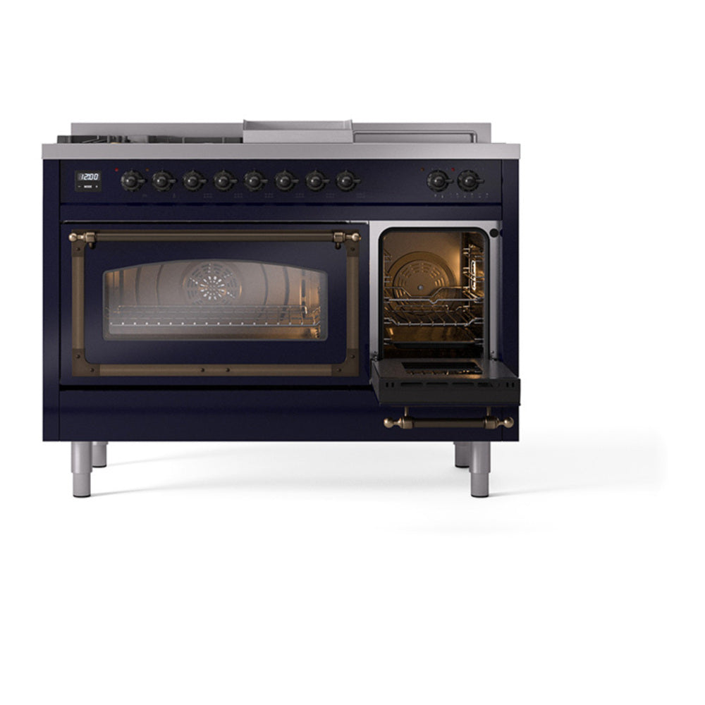 ILVE Nostalgie II Noblesse 48" Midnight Blue Dual Fuel Range with 5 Burners, Griddle and French Top Triple Glass Door Natural Gas