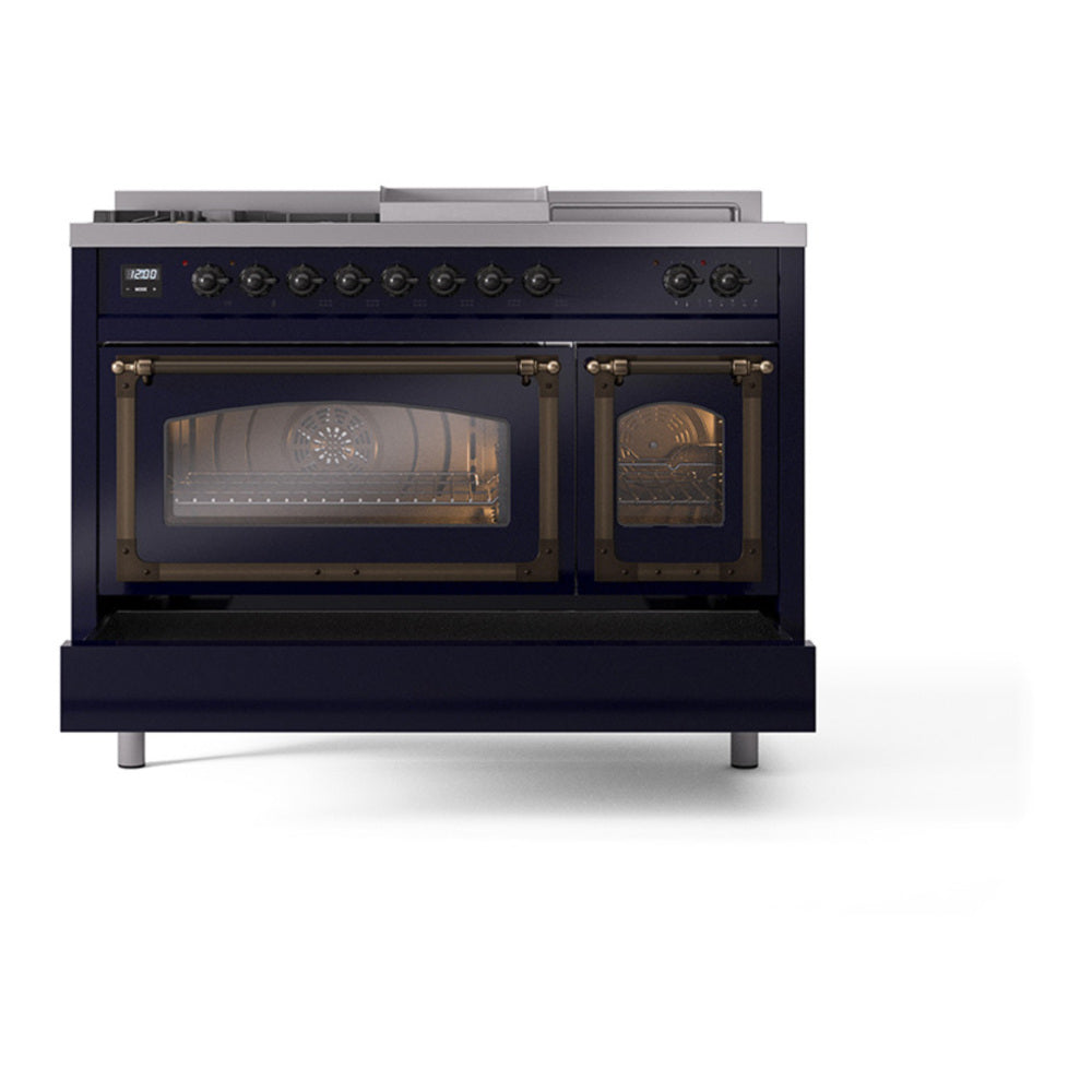 ILVE Nostalgie II Noblesse 48" Midnight Blue Dual Fuel Range with 5 Burners, Griddle and French Top Triple Glass Door Natural Gas