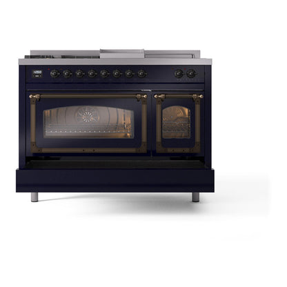 ILVE Nostalgie II Noblesse 48" Midnight Blue Dual Fuel Range with 5 Burners, Griddle and French Top Triple Glass Door Natural Gas