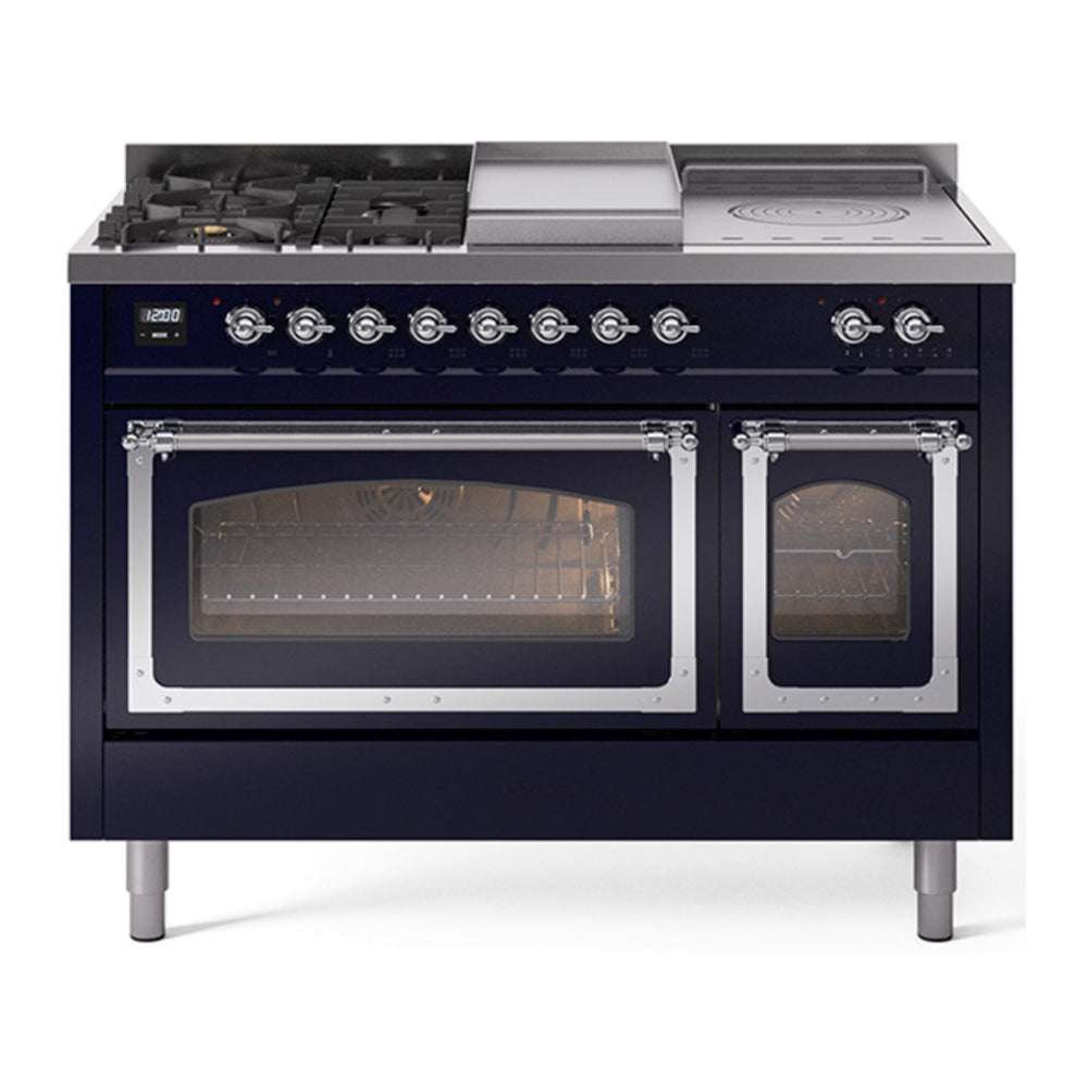 ILVE Nostalgie II Noblesse 48" Midnight Blue Dual Fuel Range with 5 Burners, Griddle and French Top Triple Glass Door Natural Gas