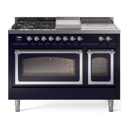 ILVE Nostalgie II Noblesse 48" Midnight Blue Dual Fuel Range with 5 Burners, Griddle and French Top Triple Glass Door Natural Gas