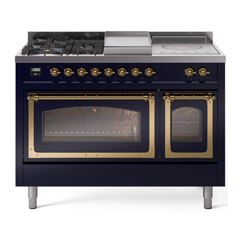 ILVE Nostalgie II Noblesse 48" Midnight Blue Dual Fuel Range with 5 Burners, Griddle and French Top Triple Glass Door Natural Gas