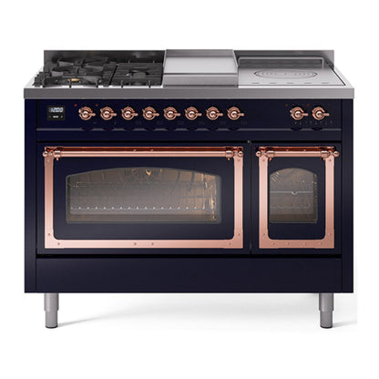 ILVE Nostalgie II Noblesse 48" Midnight Blue Dual Fuel Range with 5 Burners, Griddle and French Top Triple Glass Door Natural Gas