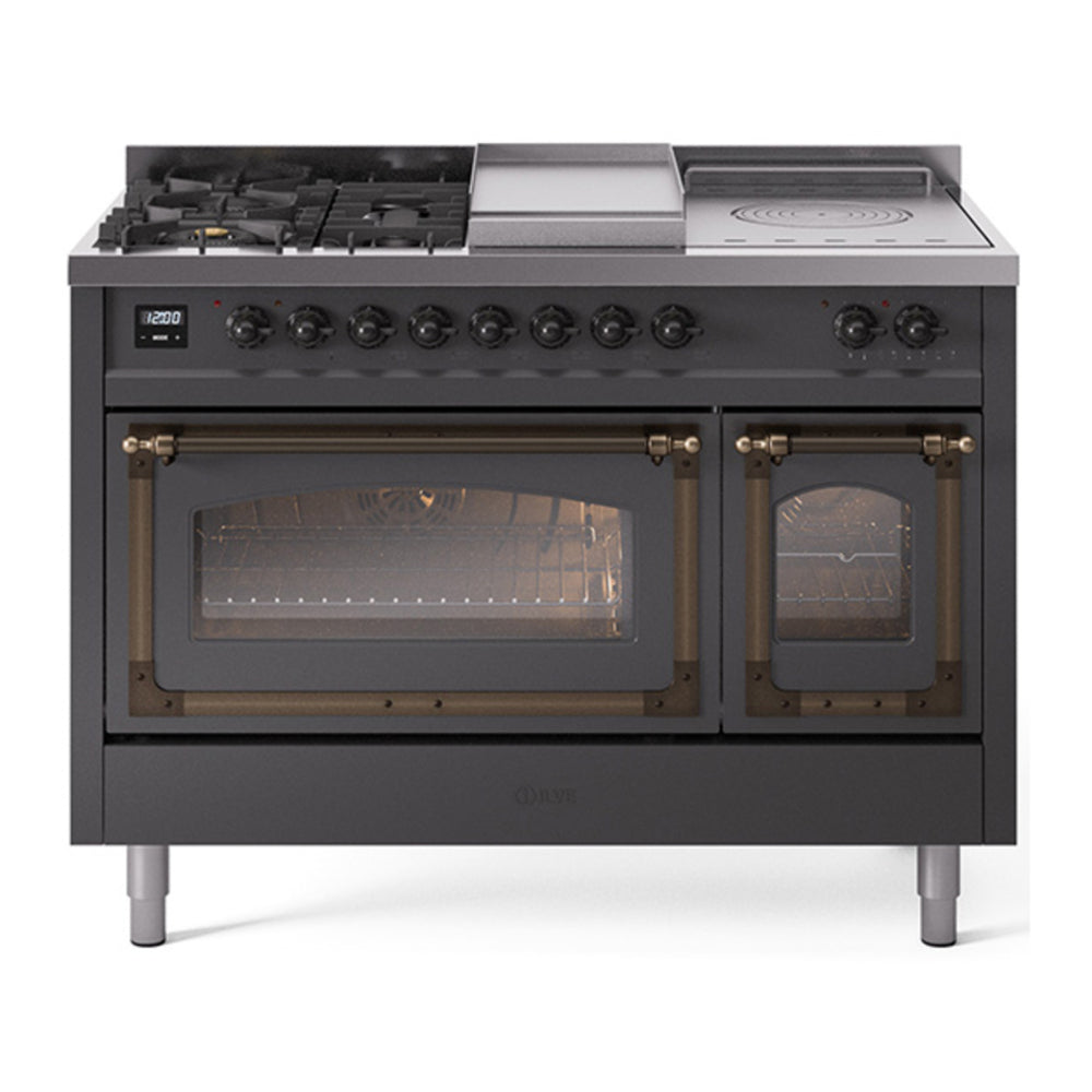 ILVE Nostalgie II Noblesse 48" Graphite Matte Dual Fuel Range with 5 Burners, Griddle and French Top Triple Glass Door Natural Gas