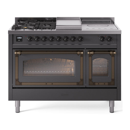ILVE Nostalgie II Noblesse 48" Graphite Matte Dual Fuel Range with 5 Burners, Griddle and French Top Triple Glass Door Natural Gas