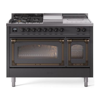 ILVE Nostalgie II Noblesse 48" Graphite Matte Dual Fuel Range with 5 Burners, Griddle and French Top Triple Glass Door Natural Gas