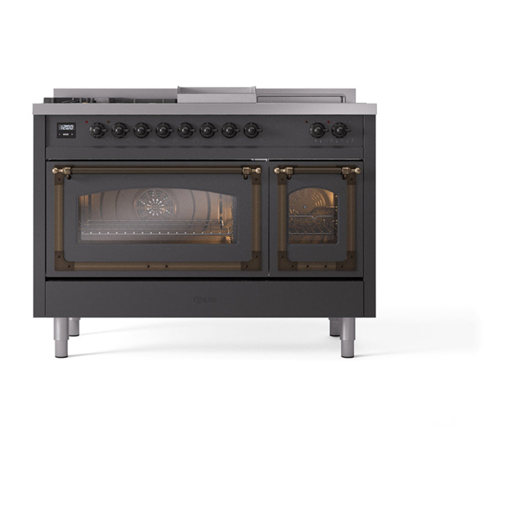 ILVE Nostalgie II Noblesse 48" Graphite Matte Dual Fuel Range with 5 Burners, Griddle and French Top Triple Glass Door Natural Gas