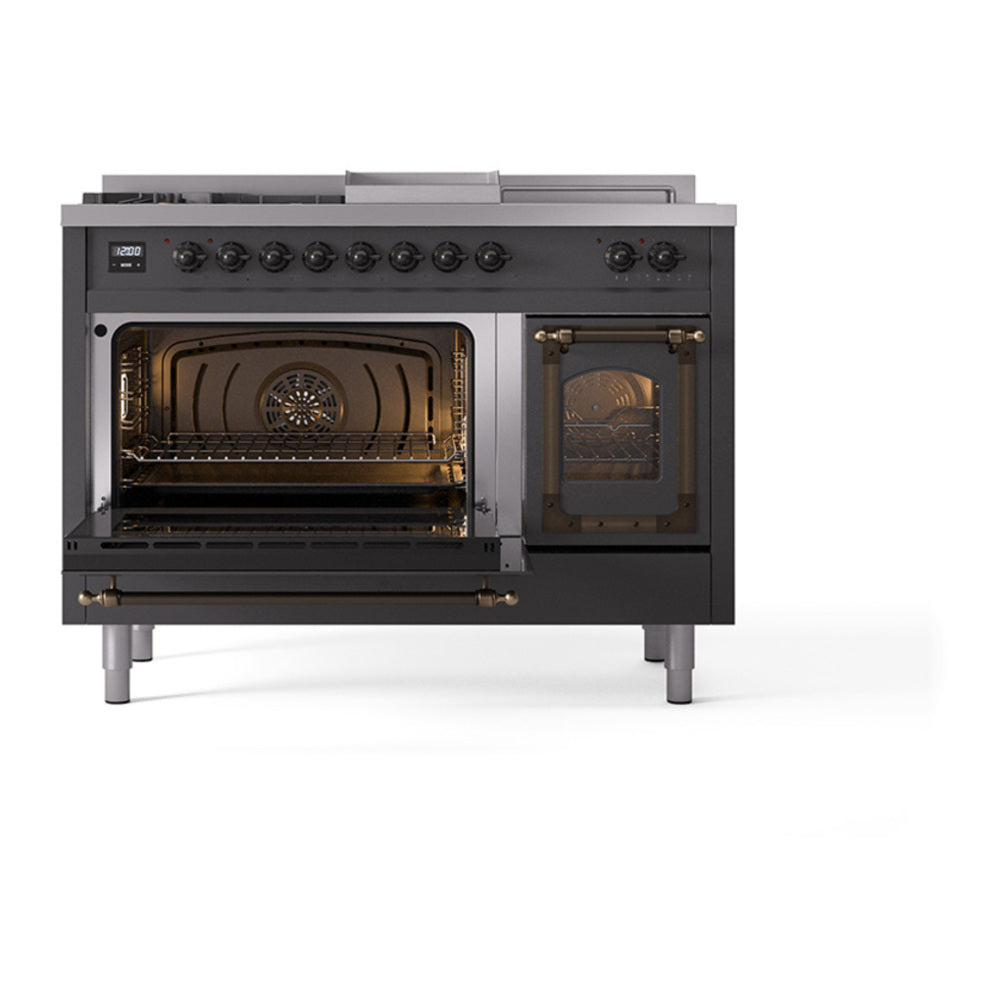 ILVE Nostalgie II Noblesse 48" Graphite Matte Dual Fuel Range with 5 Burners, Griddle and French Top Triple Glass Door Natural Gas