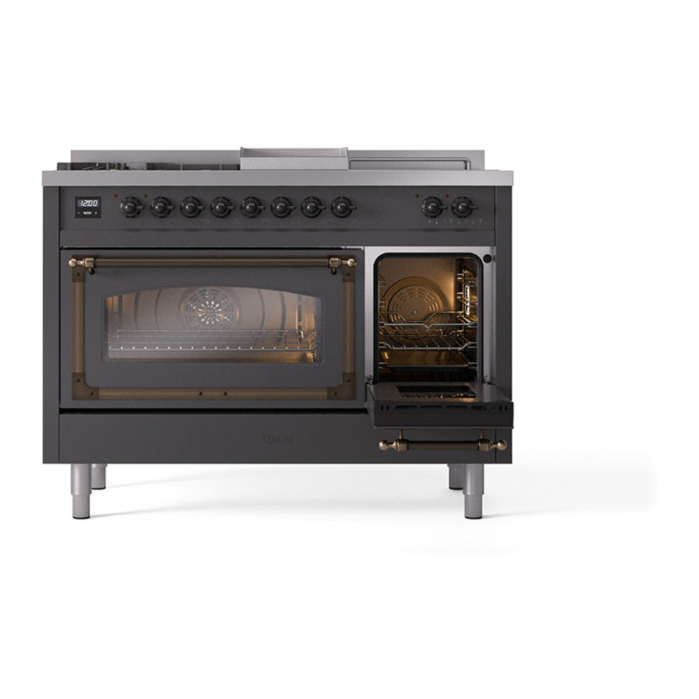 ILVE Nostalgie II Noblesse 48" Graphite Matte Dual Fuel Range with 5 Burners, Griddle and French Top Triple Glass Door Natural Gas
