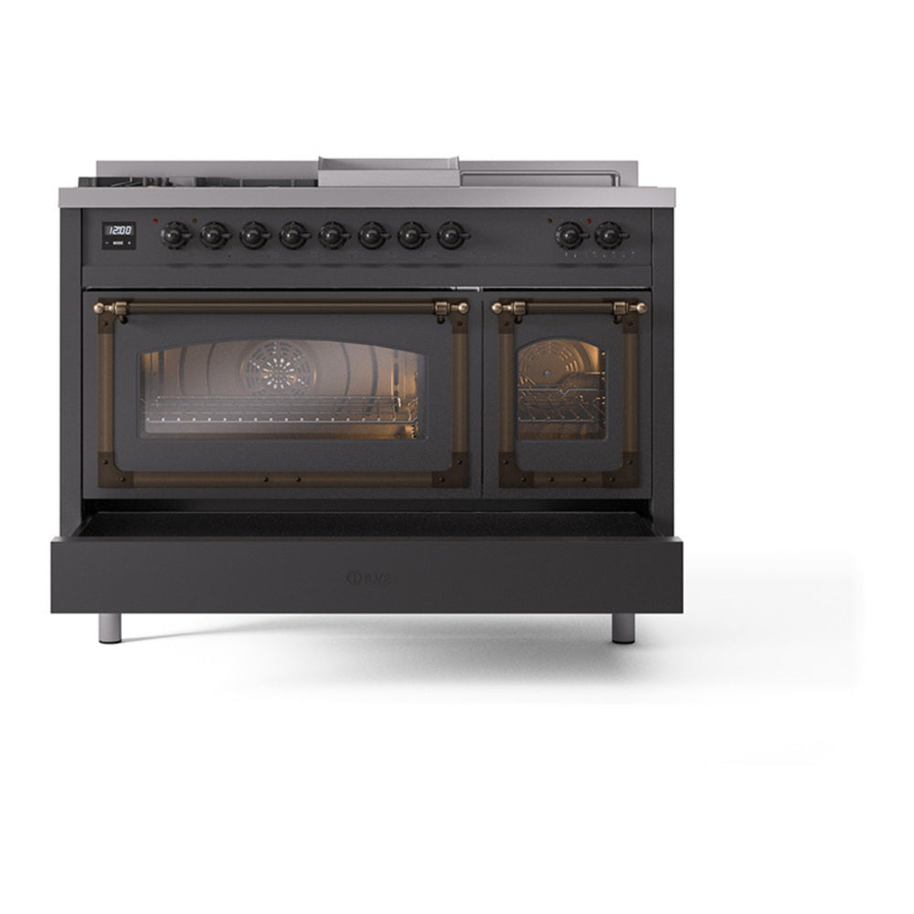 ILVE Nostalgie II Noblesse 48" Graphite Matte Dual Fuel Range with 5 Burners, Griddle and French Top Triple Glass Door Natural Gas