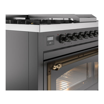 ILVE Nostalgie II Noblesse 48" Graphite Matte Dual Fuel Range with 5 Burners, Griddle and French Top Triple Glass Door Natural Gas