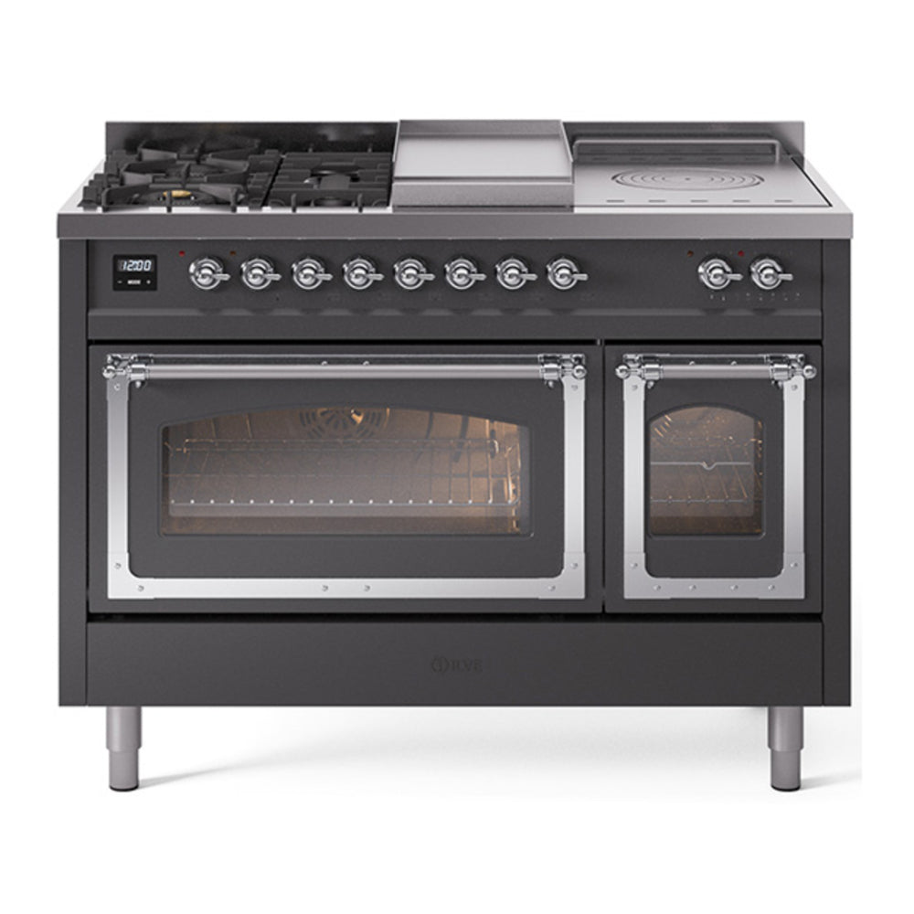 ILVE Nostalgie II Noblesse 48" Graphite Matte Dual Fuel Range with 5 Burners, Griddle and French Top Triple Glass Door Natural Gas