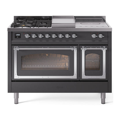 ILVE Nostalgie II Noblesse 48" Graphite Matte Dual Fuel Range with 5 Burners, Griddle and French Top Triple Glass Door Natural Gas