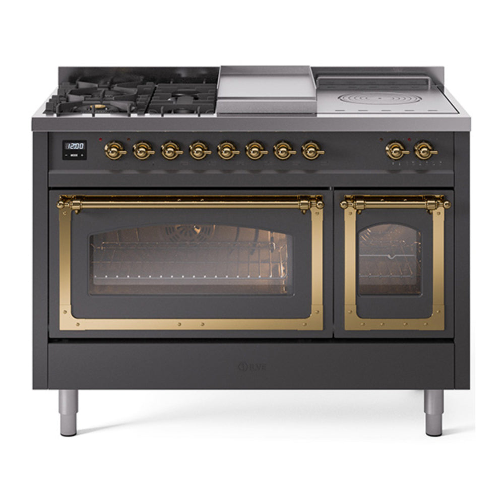 ILVE Nostalgie II Noblesse 48" Graphite Matte Dual Fuel Range with 5 Burners, Griddle and French Top Triple Glass Door Natural Gas