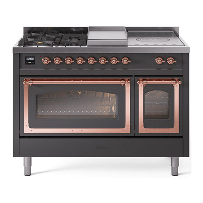 ILVE Nostalgie II Noblesse 48" Graphite Matte Dual Fuel Range with 5 Burners, Griddle and French Top Triple Glass Door Natural Gas