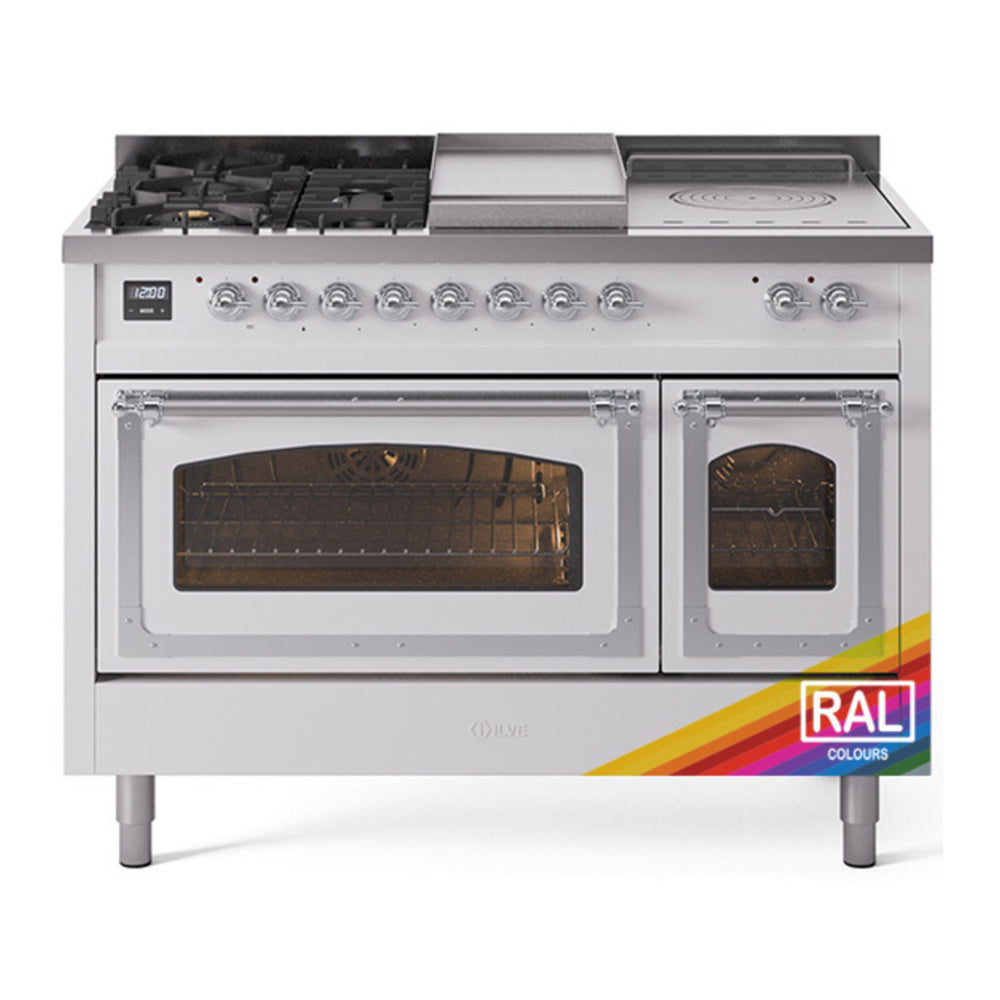 ILVE Nostalgie II Noblesse 48" RAL Dual Fuel Range with 5 Burners, Griddle and French Top Triple Glass Door Natural Gas