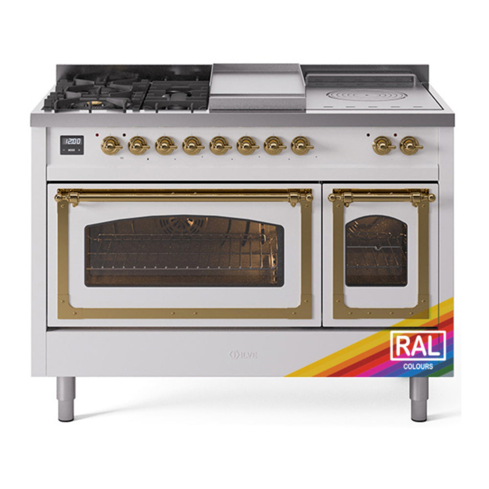 ILVE Nostalgie II Noblesse 48" RAL Dual Fuel Range with 5 Burners, Griddle and French Top Triple Glass Door Natural Gas
