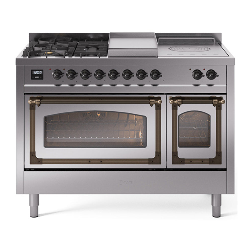 ILVE Nostalgie II Noblesse 48" Stainless Steel Dual Fuel Range with 5 Burners, Griddle and French Top Triple Glass Door Natural Gas