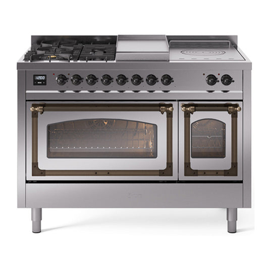 ILVE Nostalgie II Noblesse 48" Stainless Steel Dual Fuel Range with 5 Burners, Griddle and French Top Triple Glass Door Natural Gas