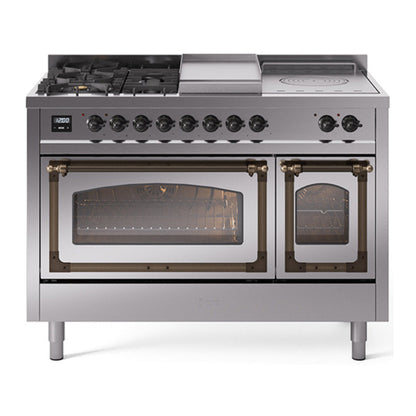 ILVE Nostalgie II Noblesse 48" Stainless Steel Dual Fuel Range with 5 Burners, Griddle and French Top Triple Glass Door Natural Gas