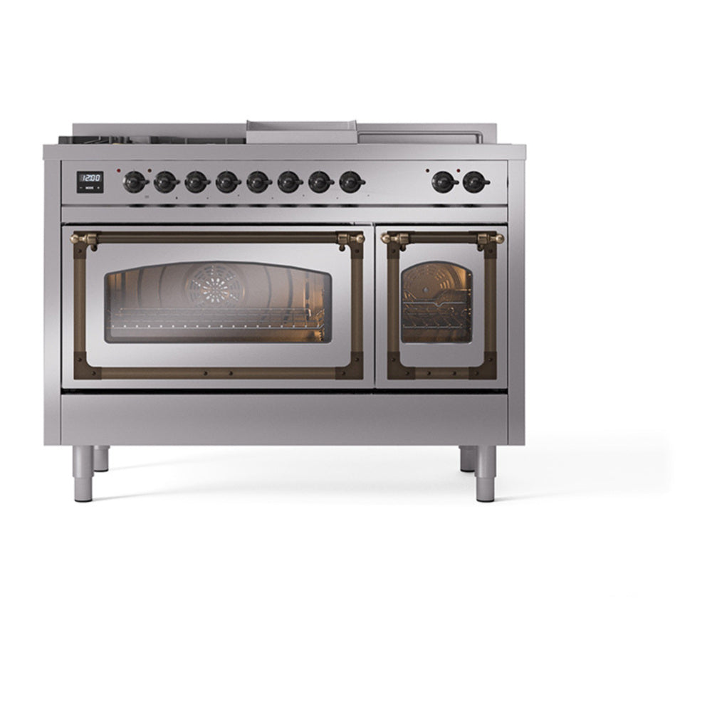 ILVE Nostalgie II Noblesse 48" Stainless Steel Dual Fuel Range with 5 Burners, Griddle and French Top Triple Glass Door Natural Gas