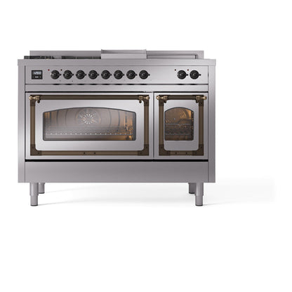 ILVE Nostalgie II Noblesse 48" Stainless Steel Dual Fuel Range with 5 Burners, Griddle and French Top Triple Glass Door Natural Gas