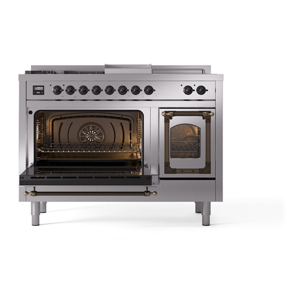 ILVE Nostalgie II Noblesse 48" Stainless Steel Dual Fuel Range with 5 Burners, Griddle and French Top Triple Glass Door Natural Gas