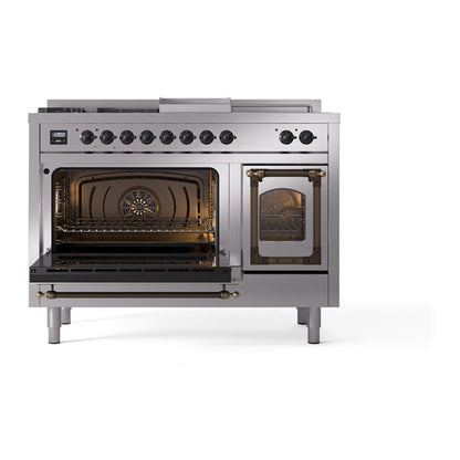 ILVE Nostalgie II Noblesse 48" Stainless Steel Dual Fuel Range with 5 Burners, Griddle and French Top Triple Glass Door Natural Gas