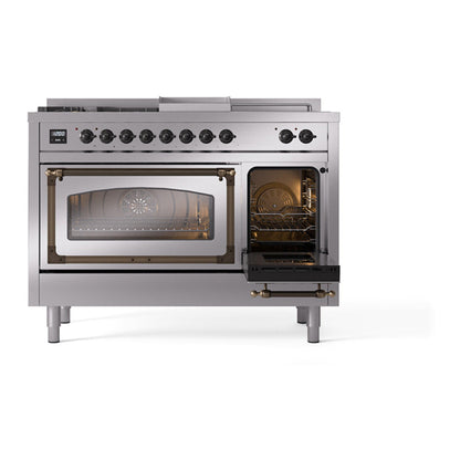 ILVE Nostalgie II Noblesse 48" Stainless Steel Dual Fuel Range with 5 Burners, Griddle and French Top Triple Glass Door Natural Gas