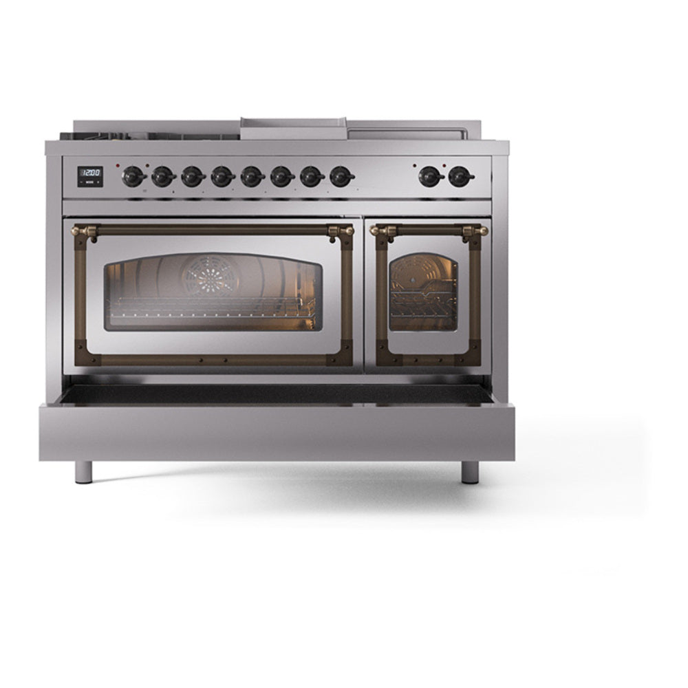 ILVE Nostalgie II Noblesse 48" Stainless Steel Dual Fuel Range with 5 Burners, Griddle and French Top Triple Glass Door Natural Gas