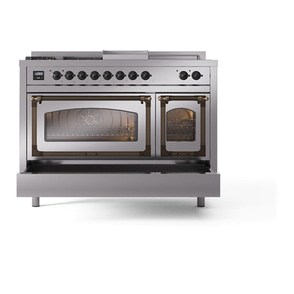 ILVE Nostalgie II Noblesse 48" Stainless Steel Dual Fuel Range with 5 Burners, Griddle and French Top Triple Glass Door Natural Gas