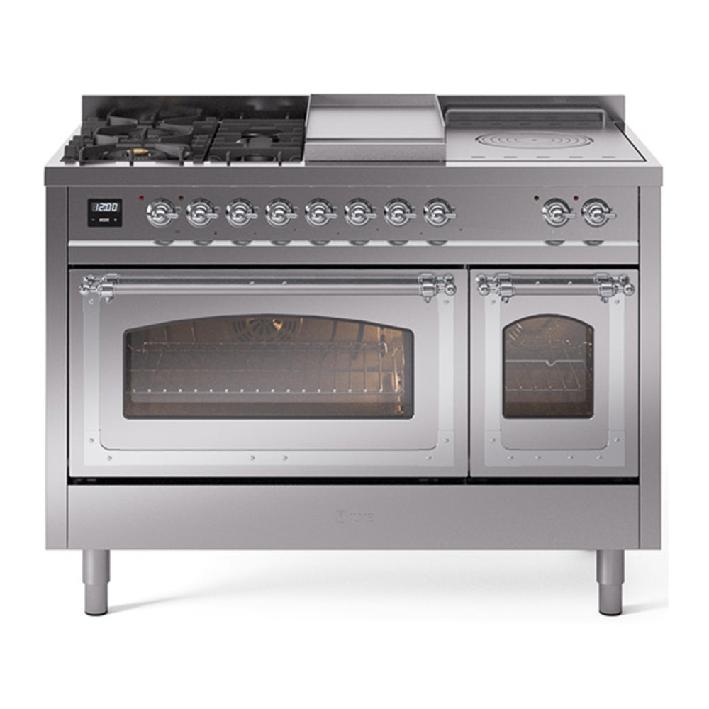 ILVE Nostalgie II Noblesse 48" Stainless Steel Dual Fuel Range with 5 Burners, Griddle and French Top Triple Glass Door Natural Gas