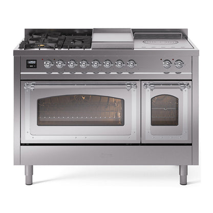 ILVE Nostalgie II Noblesse 48" Stainless Steel Dual Fuel Range with 5 Burners, Griddle and French Top Triple Glass Door Natural Gas